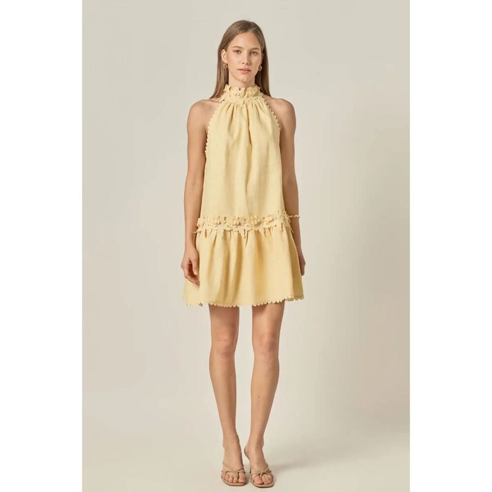English Factory Butter Yellow Halter Mini Dress with Floral Appliques, NWT, M